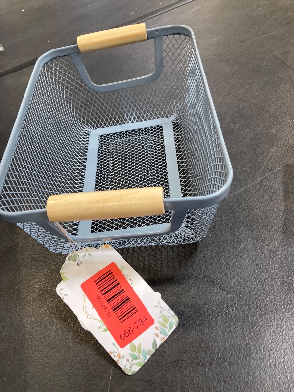 View 2 of AJIODA Metal Mesh Storage Basket with Wood Handle, Small, Blue