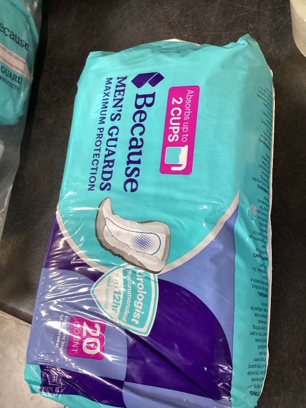 Photo 1 of Because Premium Guards for Men - 20 Count Pack of Discreet, Individually Wrapped Bladder Protectors - Complete Absorbency, Fast-Locking, Odor Control - Comfort Fit, 2 Cups of Absorbency