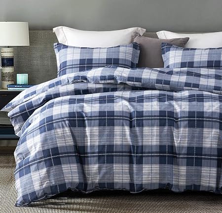 Photo 1 of SLEEPBELLA Comforter Queen Size, 600 Thread Count Cotton Navy Blue & Grey Buffalo Pattern Blue Plaid Comforter Sets,Down Alternative Bedding Set 3Pcs (Queen, Navy Plaid)