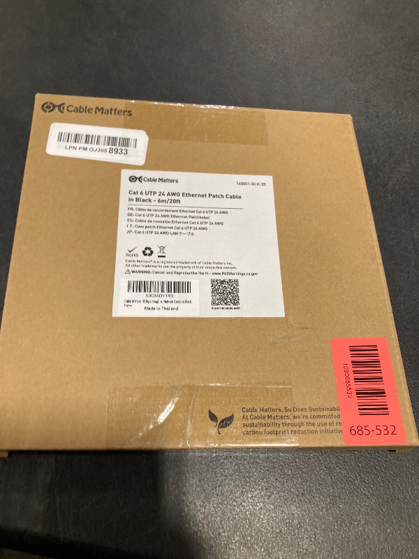 Photo 1 of Cable Matters 10Gbps Snagless Cat 6 Ethernet Cable, 20ft, Black