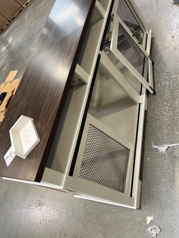 Photo 1 of FOR PARTS: Garvee 71'' Dog Crate Furniture for 2 Dogs, Large Double Dog Cage with 3 Storage Drawers & Removable Divider, Dog Kennel Furniture As TV Stand, Wooden Dog Crates with Sliding Door
