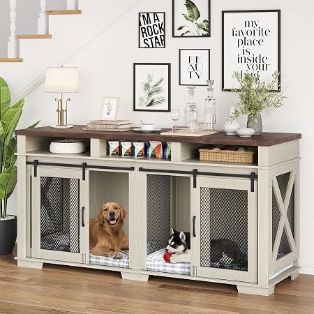 Photo 1 of FOR PARTS: Garvee 71'' Dog Crate Furniture for 2 Dogs, Large Double Dog Cage with 3 Storage Drawers & Removable Divider, Dog Kennel Furniture As TV Stand, Wooden Dog Crates with Sliding Door