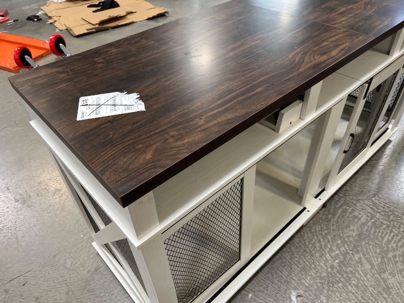 Photo 1 of FOR PARTS: Garvee 71'' Dog Crate Furniture for 2 Dogs, Large Double Dog Cage with 3 Storage Drawers & Removable Divider, Dog Kennel Furniture As TV Stand, Wooden Dog Crates with Sliding Door