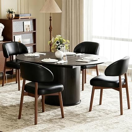 Photo 1 of MALOL 47"-63" Extendable Round to Oval Dining Table Chairs Set for 4-8, Modern Wooden Kitchen Table and Chairs with Hidden Storage and Fluted Design for Dining Room/Small Space(Black)