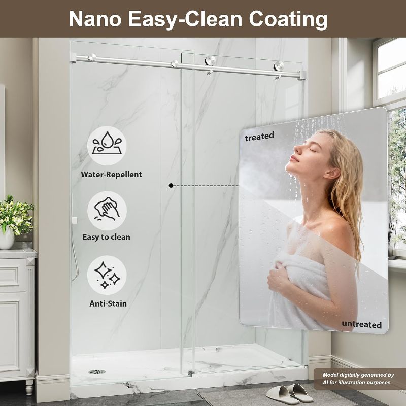 Photo 1 of Frameless Glass Shower Door 67-72" Wx72 H,1/4"(6mm) Brushed Nickel
Single Sliding,Safety Nano Film Tempered Glass,5"Adjust Width,Easy-Clean,Rust-proof durable 304 Steel,L/R Install