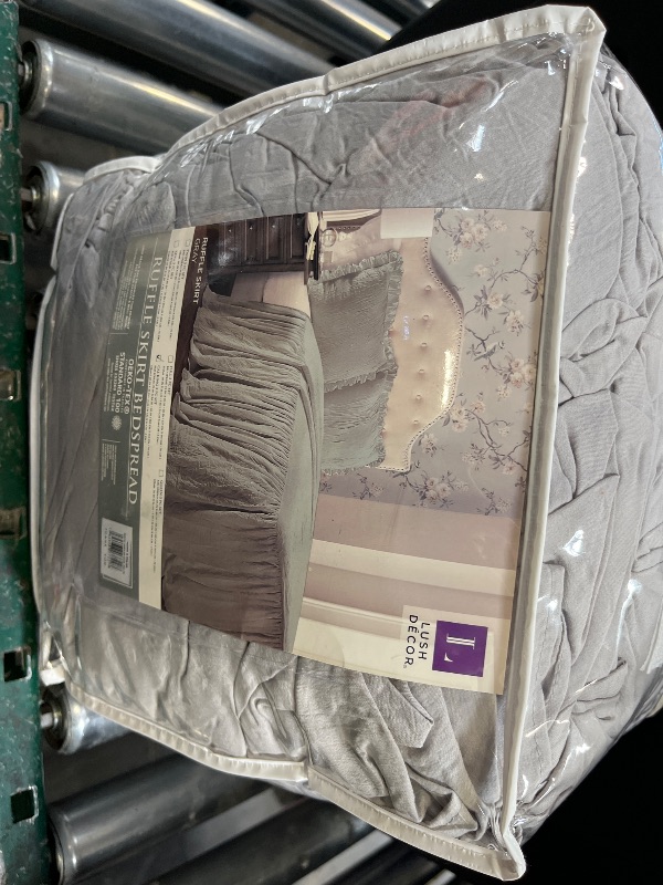 Photo 1 of Lush Decor Ruffle Skirt Bedspread Set - 3-Piece Luxurious Farmhouse Bedding - Elegant Ruffle Detail - Timeless Style - Soft Lightweight Sheets - California King, Grey