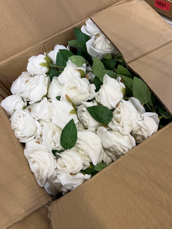 Photo 1 of InnoGear White Roses Artificial Flowers 100 Pcs Fake Velvet Silk Floral