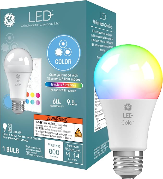 Photo 1 of GE LED+ Color Changing LED Light Bulbs with Remote, 9.5W, No App or Wi-Fi Required, A19 ( 3 Pack)