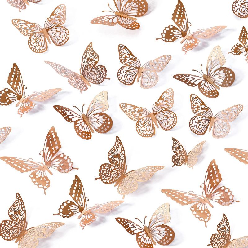 Photo 1 of 3D Butterfly Wall Decor,Removable Metallic Wall Sticker Room Mural Decals for Kids Bedroom Nursery Classroom Party Decoration Wedding Decor DIY Gift (Rose Gold)