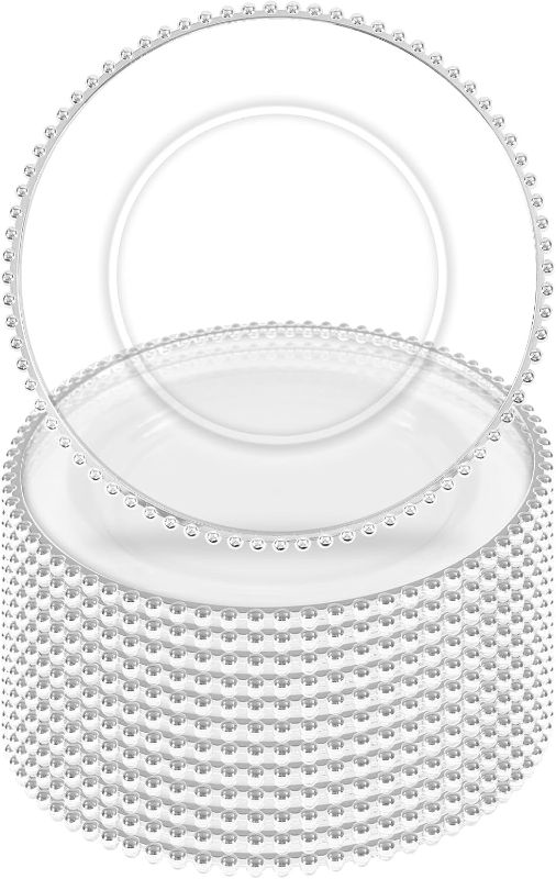 Photo 1 of 12 Pack Clear Charger Plates With Silver Beaded Rim - 13 Inch Plate Chargers for Dinner, Acrylic Decorative Plates, Transparent Decorative Dinner Charger Plates for Events & Parties (Silver)