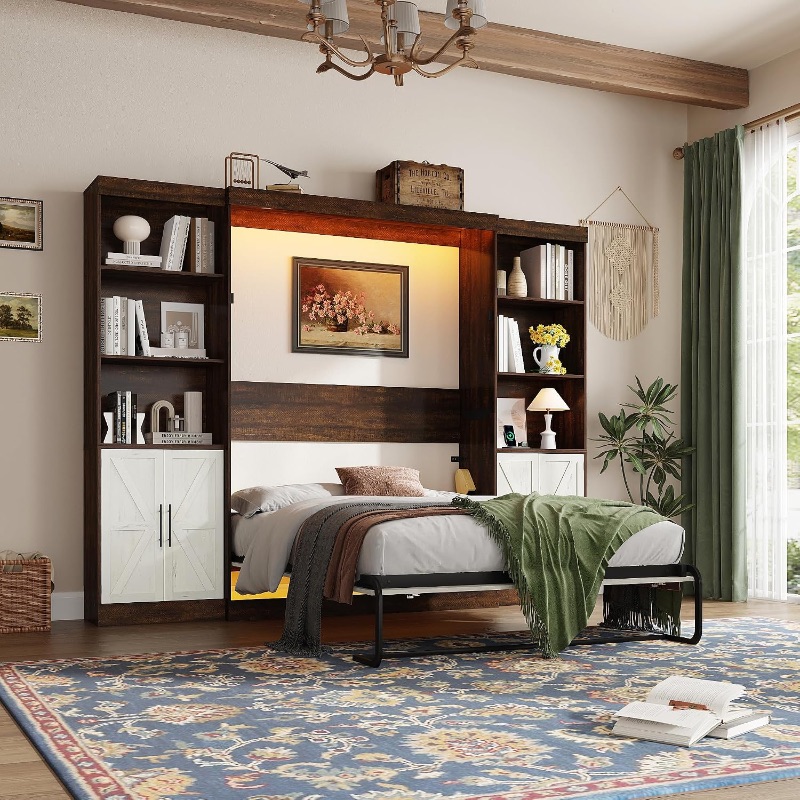 Photo 1 of Hlivelood Full Size Murphy Bed w/2 Storage Cabinet&2 LED Light, Farmhouse Wood Hidden Foldable Wall Bed Frame, Storage Bed Cabinet for Bedroom, Office, Space-Saving, No Box Spring Needed, Rustic White