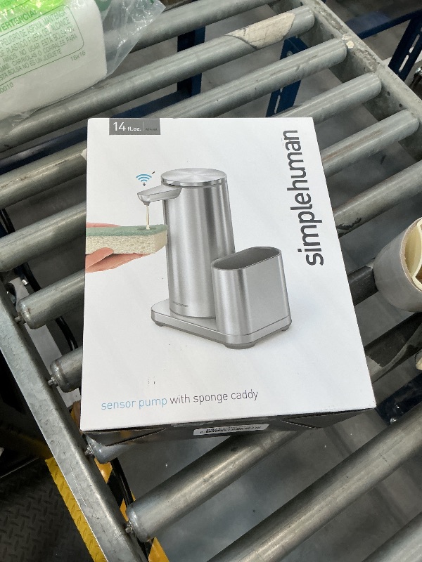 Photo 1 of simplehuman Liquid Sensor Pump with Caddy, 14 oz Automatic Soap Dispenser for Kitchen Sink, Motion Sensor, Variable Dispense, Battery Powered, Integrated Sponge Holder, Brushed Stainless Steel