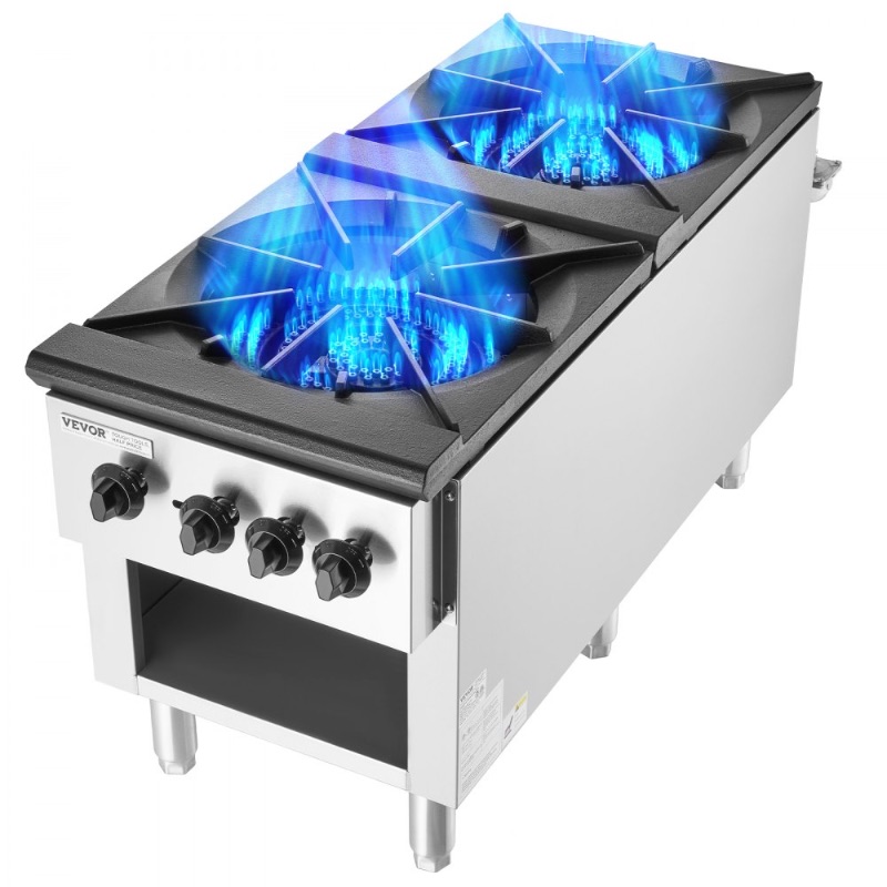 Photo 1 of VEVOR Commercial Gas Stove with 2 Burners, Propane and Natural Gas Countertop Cooking Stove Range, Stainless Steel Gas Hot Plate, Commercial Cooking Equipment for Restaurant, 180,000 BTU