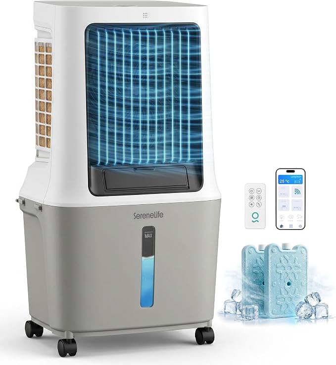 Photo 1 of SereneLife Portable Swamp Cooler Air Conditioner - 2500 CFM Airflow, 8 Gallon Water Tank Portable Evaporative Air Cooler for Room & Outdoors, WiFi, Humidifier & Fan Modes, Ice Packs & Remote Included