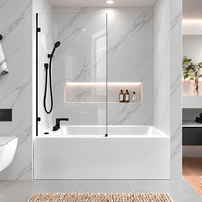 Photo 1 of 34"W x 58"H Frameless Tub Glass Panel, Matte Black Fixed Shower Glass Panel