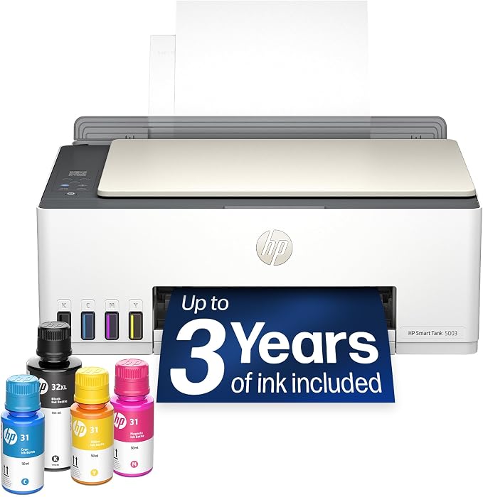 Photo 1 of HP Smart Tank 5003 Wireless All-in-One Ink Tank Printer, Scanner, Copier with up to 3 Years of Ink Included, Best-for-Home, Cartridge-Free Refillable, AI-Capable (9B2D3A