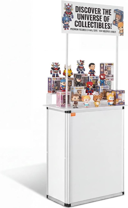 Photo 1 of VEVOR Promotion Counter Table, Portable Tradeshow Podium Table, 30.91" x 14.96" x 71.46", Display Exhibition Counter Stand Booth Fair with Wall, Pop Up Podium with Storage Rack/Carrying Bag86.99