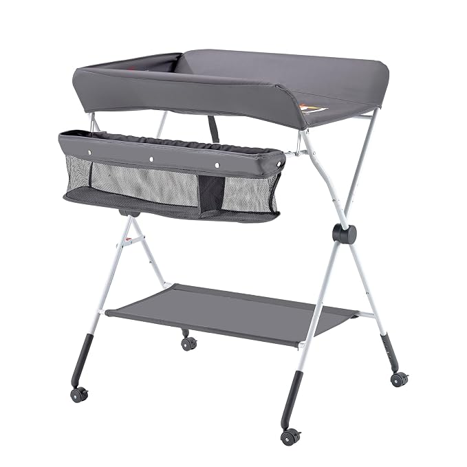 Photo 1 of VEVOR Baby Changing Table, Foldable Diaper Change Station with Side Basket, Adjustable Height Changing Table with Lockable Wheels, Multi-Functional Nursery Storage Organizer, Dark Gray
