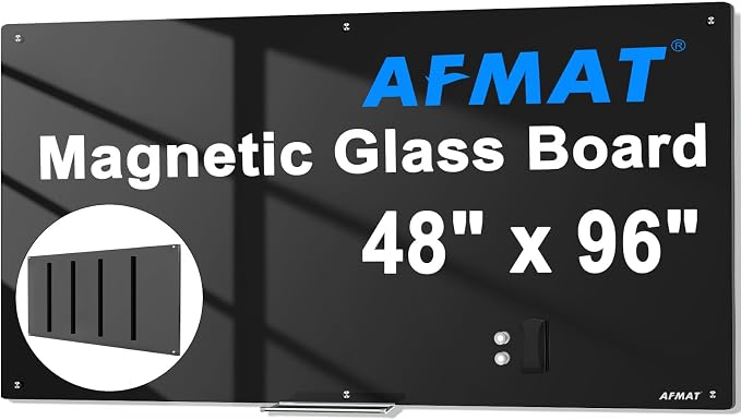Photo 1 of AFMAT Magnetic Black Glass Dry Erase Board, 96" x 48" Glass Blackboard, 4mm Tempered Glass w/Strong Magnetic Surface, Large Chalkboard for Wall, Frameless Wall Mounted for Office Home School