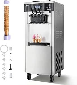 Photo 1 of VEVOR Commercial Ice Cream Machine, 20-28L/H Yield, 2200W 3-Flavor Freestanding Soft Serve Ice Cream Maker with 2 x 6L Hoppers & Hopper Agitation, Pre-Cooling Self-Cleaning for Snack Dessert Shops