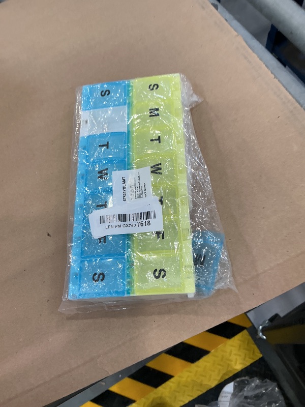 View 2 of Ezy Dose Weekly (7-Day) AM/PM Pill Organizer, 2XL Planner, Blue/Yellow