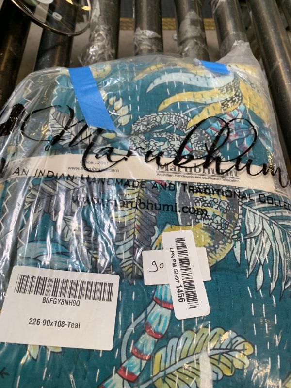 View 2 of Marubhumi Indian Handmade Kantha Quilt, Queen, Teal