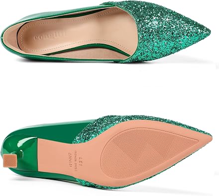 Photo 1 of Women's Kitten High Heels 2 Inch Sequin Pointed Toe Leather Pumps Comfortable Slip On Wedding Party Dress Stilettos Shoes 8.5