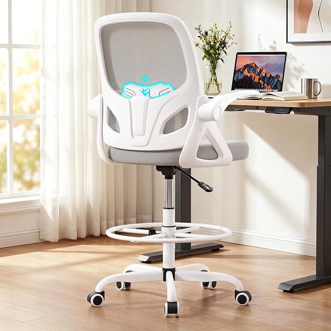 Photo 1 of Kensaker Drafting Chair Tall Office Chair, Ergonomic Standing Desk Chair with Adjustable Foot Ring and Flip-up Armrests, Mesh Computer Chair for Art Studio, 300 LBS, Gray