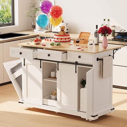 Photo 1 of Garvee 54" Kitchen Island with Drop Leaf & Power Outlet
Large Rolling Cart with Trash Cabinet, 2 Sliding Barn Doors, 3 Drawers Mobile Island Table, Spice Rack & Towel Rack, White