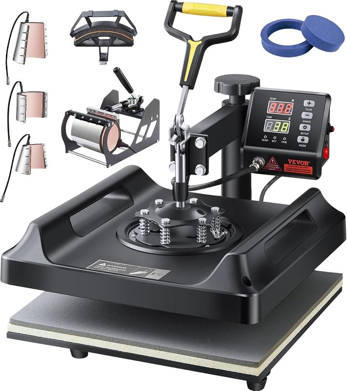 Photo 1 of VEVOR Heat Press Machine 8 in 1 Combo T Shirt Printing Machine Black
Multifunction Transfer Machine Sublimation for Caps Mugs Plates Aluminum Pots 360° Swing Away Design Dual-tube Heating 1150 W