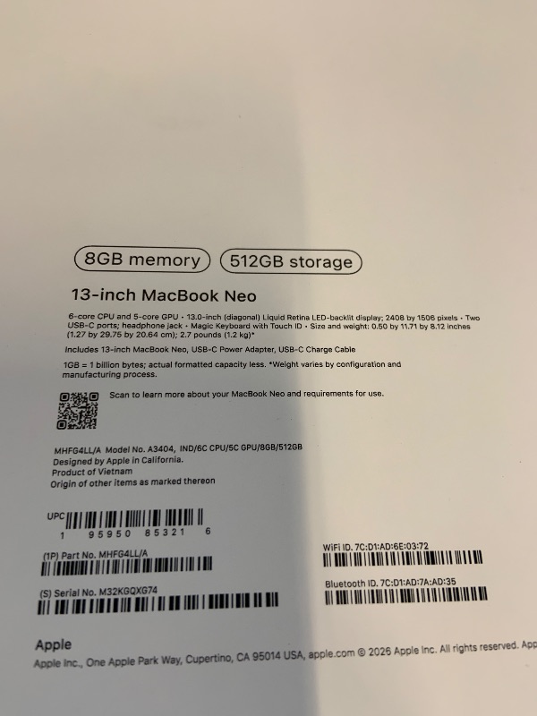 Photo 1 of Apple 2026 MacBook Neo 13-inch Laptop with A18 Pro chip: Built for AI and Apple Intelligence, Liquid Retina Display, 8GB Unified Memory, 512GB SSD Storage, 1080p FaceTime HD Camera, Touch ID; Indigo