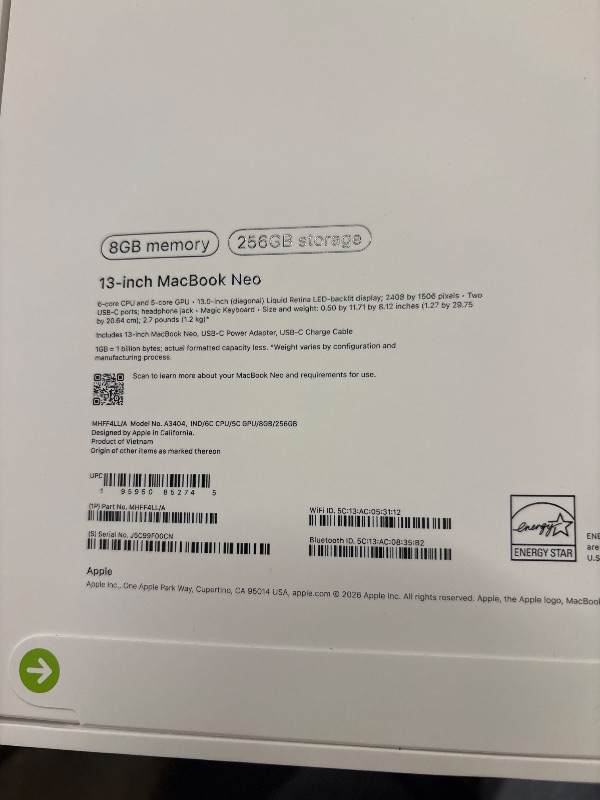 Photo 1 of Apple 2026 MacBook Neo 13-inch Laptop with A18 Pro chip: Built for AI and Apple Intelligence, Liquid Retina Display, 8GB Unified Memory, 256GB SSD Storage, 1080p FaceTime HD Camera; Indigo
