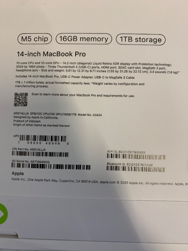 Photo 1 of Apple 2025 MacBook Pro Laptop with Apple M5 chip with 10?core CPU and 10?core GPU: Built for AI, 14.2-inch Liquid Retina XDR Display, 16GB Unified Memory, 1TB SSD Storage; Space Black