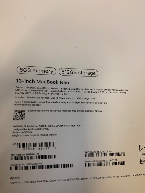 Photo 1 of Apple 2026 MacBook Neo 13-inch Laptop with A18 Pro chip: Built for AI and Apple Intelligence, Liquid Retina Display, 8GB Unified Memory, 512GB SSD Storage, 1080p FaceTime HD Camera, Touch ID; Indigo