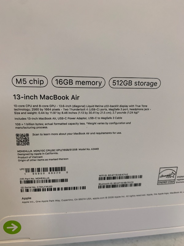 Photo 1 of Apple 2026 MacBook Air 13-inch Laptop with M5 chip: Built for AI, 13.6-inch Liquid Retina Display, 16GB Unified Memory, 512GB SSD, 12MP Center Stage Camera, Touch ID, Wi-Fi 7; Midnight