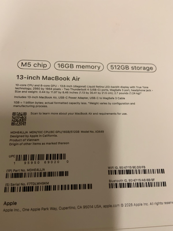 Photo 1 of Apple 2026 MacBook Air 13-inch Laptop with M5 chip: Built for AI, 13.6-inch Liquid Retina Display, 16GB Unified Memory, 512GB SSD, 12MP Center Stage Camera, Touch ID, Wi-Fi 7; Midnight