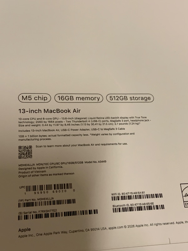 Photo 1 of Apple 2026 MacBook Air 13-inch Laptop with M5 chip: Built for AI, 13.6-inch Liquid Retina Display, 16GB Unified Memory, 512GB SSD, 12MP Center Stage Camera, Touch ID, Wi-Fi 7; Midnight
