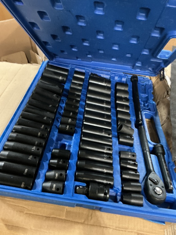 View 2 of **case is broken and unknown if all sockets are here**GOSWIFT 70pcs 1/2" Drive Impact Socket Set, Cr-V Steel, SAE & Metric, Standard/Deep Sockets with 72 Teeth Ratchet Handle, Extension Bar, and Adapters