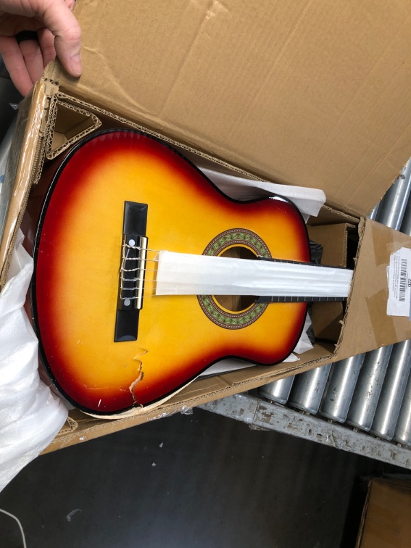 View 2 of ***DAMAGED - SEE NOTES/PICTURES*** VEVOR Classical Guitar, 30 Inch, Wood Classical Guitar Starter Kit for Beginners, with Nylon Strings, Gig Bag, Strap, Tuner, Extra Strings, Pick, Capo, Basswood, for Kids Girls Boys Students, Sunburst
