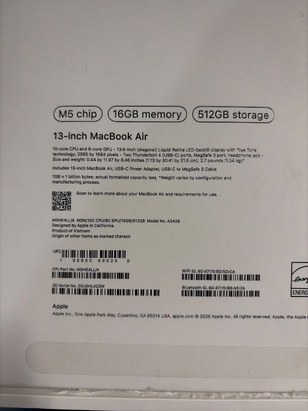 View 2 of ***DOES NOT CHARGE - UNSURE IF BAD CABLE OR OTHERWISE***
Apple MacBook Air 13-inch M5 Laptop