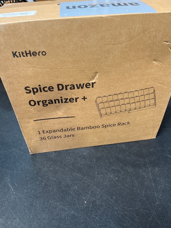 Photo 1 of KitHero 3-Tier Expandable Bamboo Spice Drawer Organizer, Adjustable Width 12" to 21", Kitchen Storage with 36 Glass Jars & Bamboo Lids, 216 Labels, Non-Slip Design for Cabinet & Countertop
