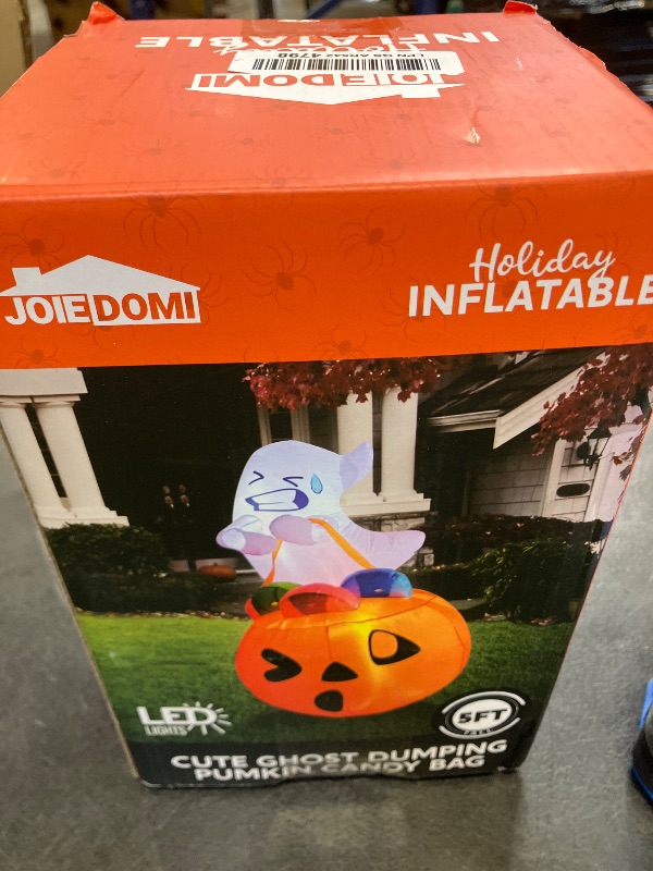 View 2 of Joiedomi 5 FT Tall Halloween Inflatables Outdoor Decorations, Inflatable Cute Ghost Halloween Decor Outdoor, Blow Up Ghost Lift Pumpkin Candy Bag with Build-in LEDs for Yard Decorations