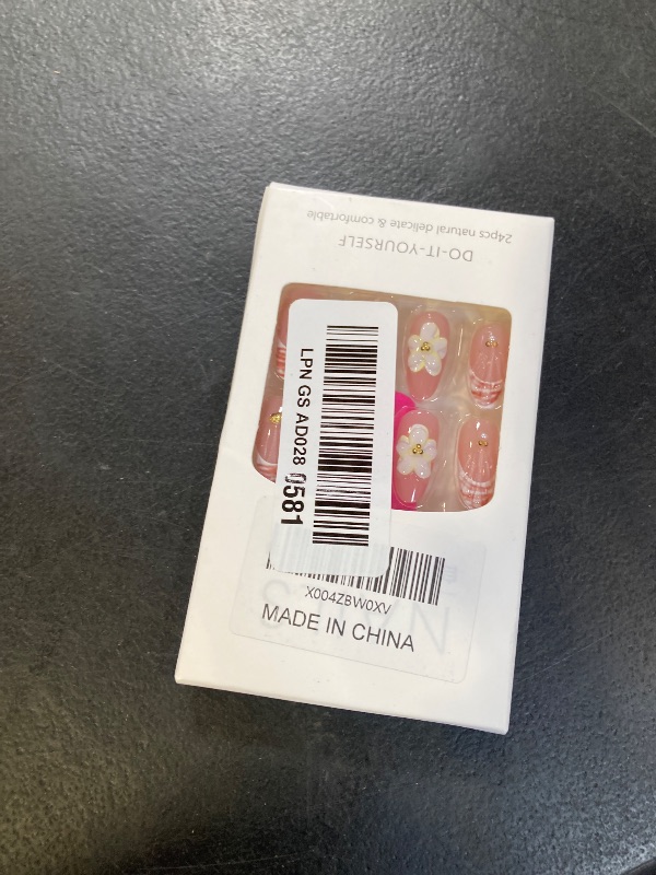 View 2 of 30Pcs Summer Press on Nails Medium Almond French Tip Fake Nails with 3D Ocean Seashell Starfish Designs Yellow Flower False Nails Pink Glossy Full Cover Water Ripples Acrylic Stick on Nails for Women