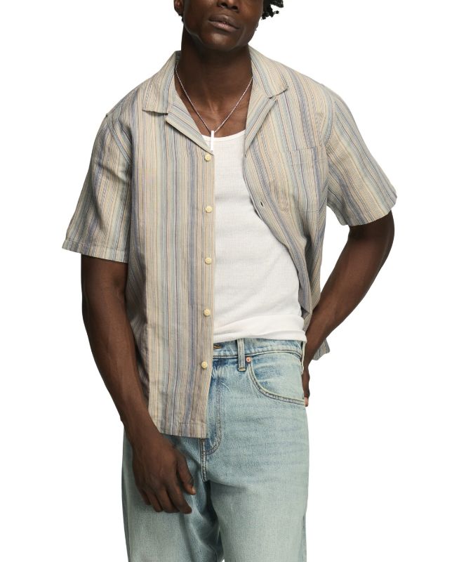 Photo 1 of Lucky Brand Men's Short-Sleeve Linen Camp-Collar Shirt - Blue Multi size large