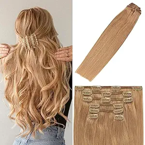 Photo 1 of WindTouch Clip in Hair Extensions Human Hair Reddish Blonde 75g #12 22Inch Hair Extensions for women 7PCS