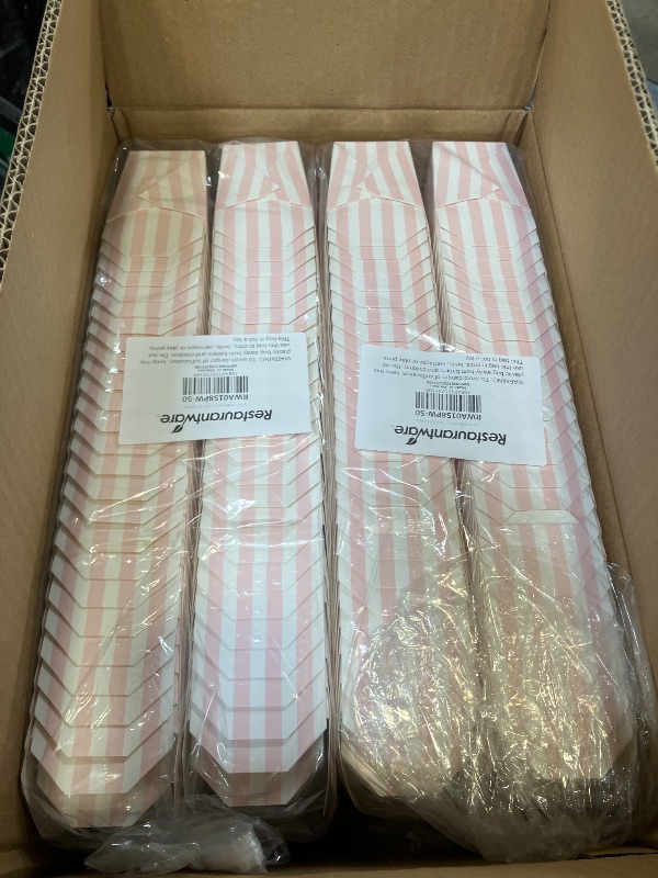 View 3 of Restaurantware 8 oz Paper Noodle Boxes - Pink/White Stripe - 200 Ct