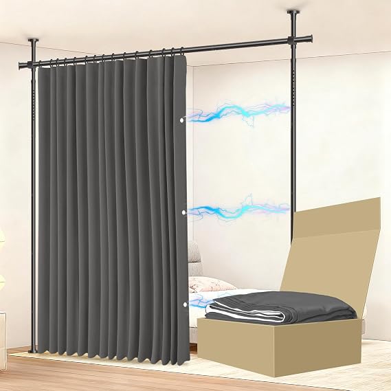 Photo 1 of JILRON No-Drill Divider for Room Separation Set: Includes 106" W x 96" L Grey Curtain & Adjustable Pole Brackets (35-100" W x 43-120" H Adjustable Range)