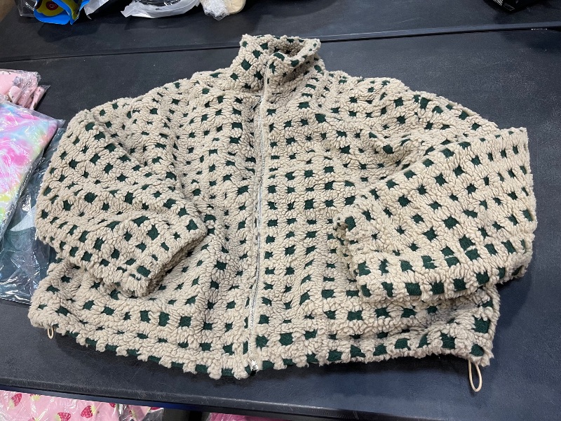 View 2 of Lianlive Women Sherpa Fleece Jacket Checkered Fuzzy Coats (Green-xl