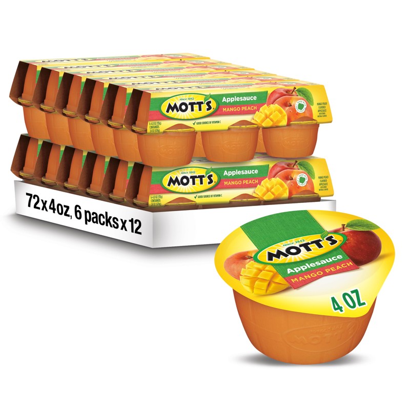 Photo 1 of Mott's Mango Peach Applesauce, 4 Oz Cups, 72 Count (12 Packs Of 6), No Artificial Flavors, Good Source Of Vitamin C, Nutritious Option For The Whole Family  *BEST BY 9/30/26*