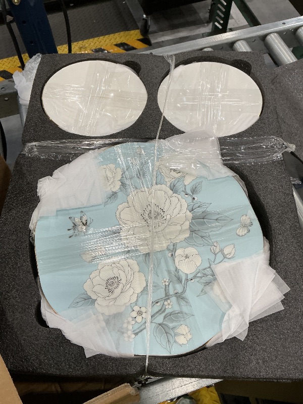 Photo 1 of PANAOAHU 12-Piece Bone China Dinnerware Set for 4, Classic Light Blue with White Florals & Gold Trim, Elegant Plates and Bowls Set, Dishwasher Safe for Everyday and Formal UseLPNPMHR4418521
